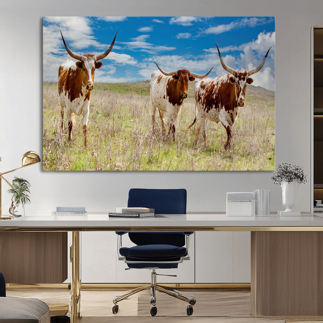 Texas Longhorn Wall Art Canvas Print, Framed Western Decor, Rustic Farmhouse Artwork