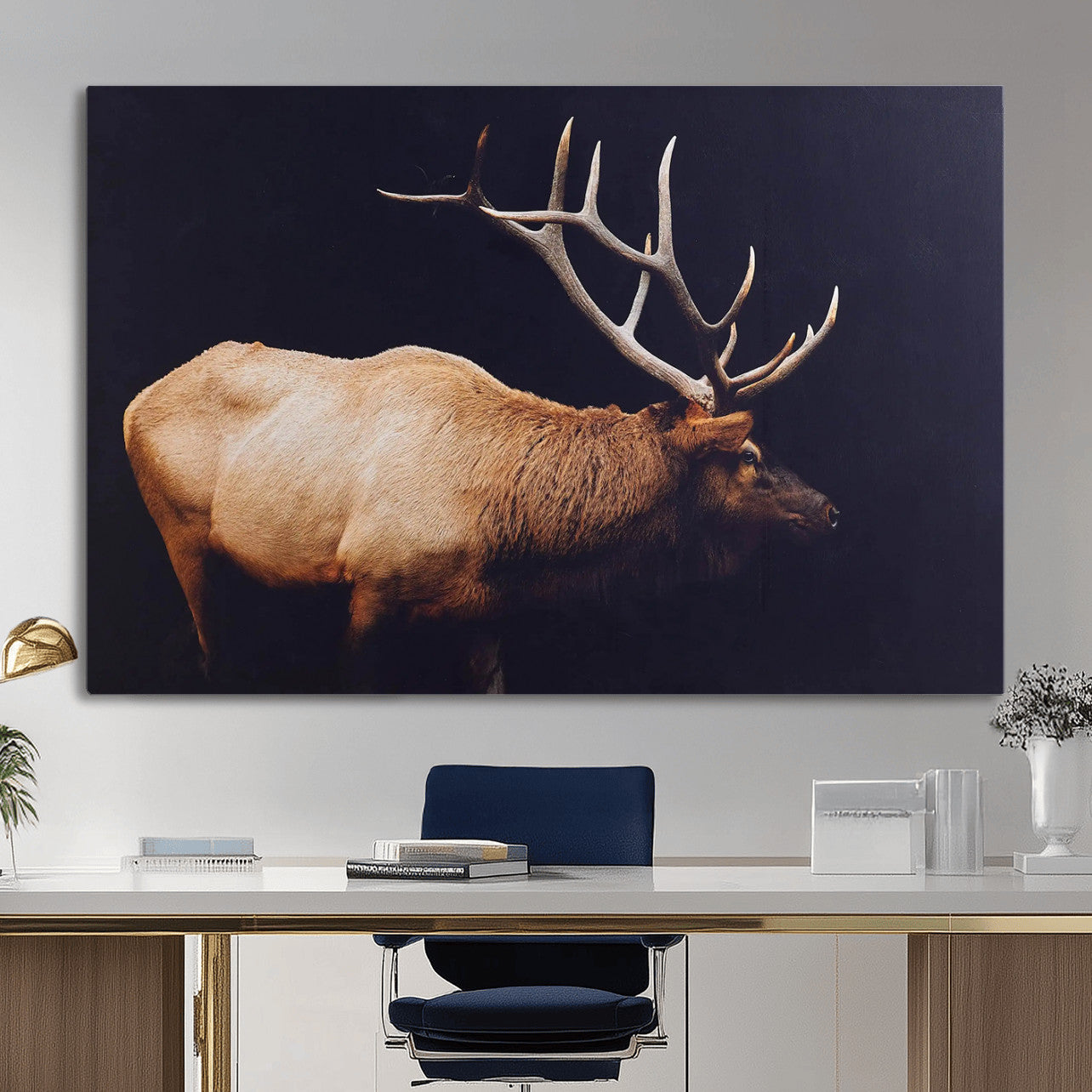 89239257-MGV-CV-36X24 - Rustic Elk Wall Art Canvas Print – Framed Moody Wildlife Art Picture Western Animal Artwork for Home, Office Decor