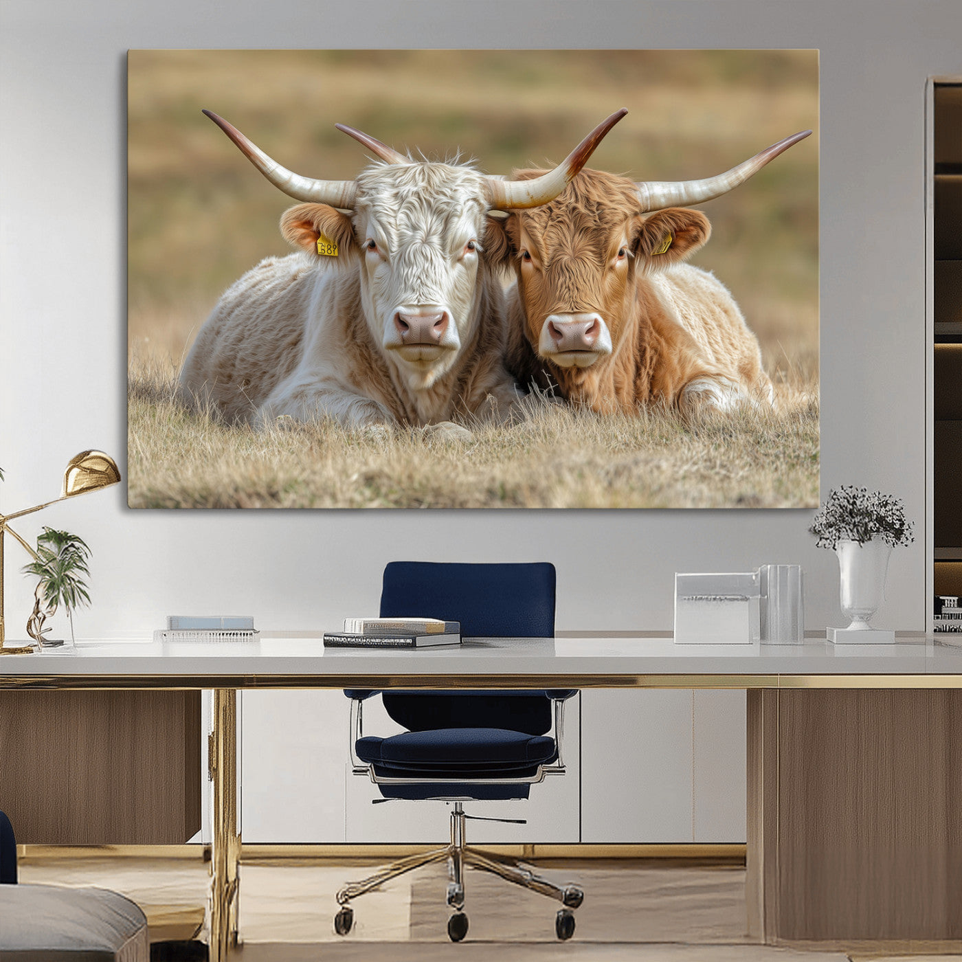 Two cows laying closely in a dry grassy field, captured in soft light, perfect for rustic farmhouse or western style home decor.