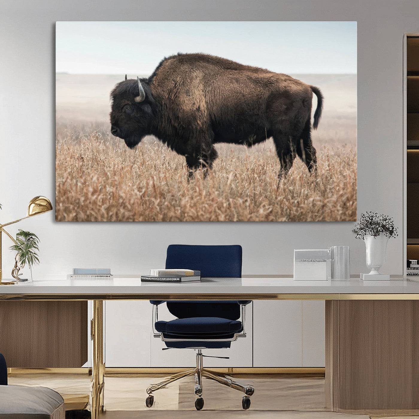 A lone bison stands in a vast prairie under a soft sky, evoking freedom and rustic charm for western or farmhouse inspired interiors.