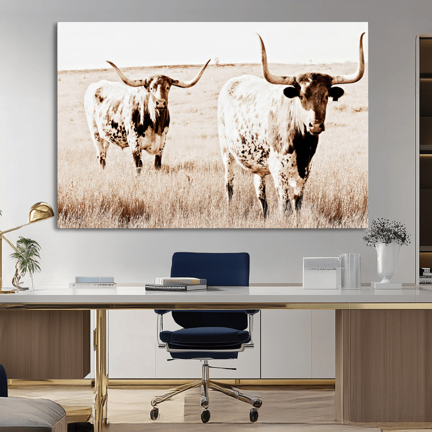 Two Texas longhorn cows standing in a sepia-toned pasture, evoking rustic charm perfect for farmhouse or western country interiors. (