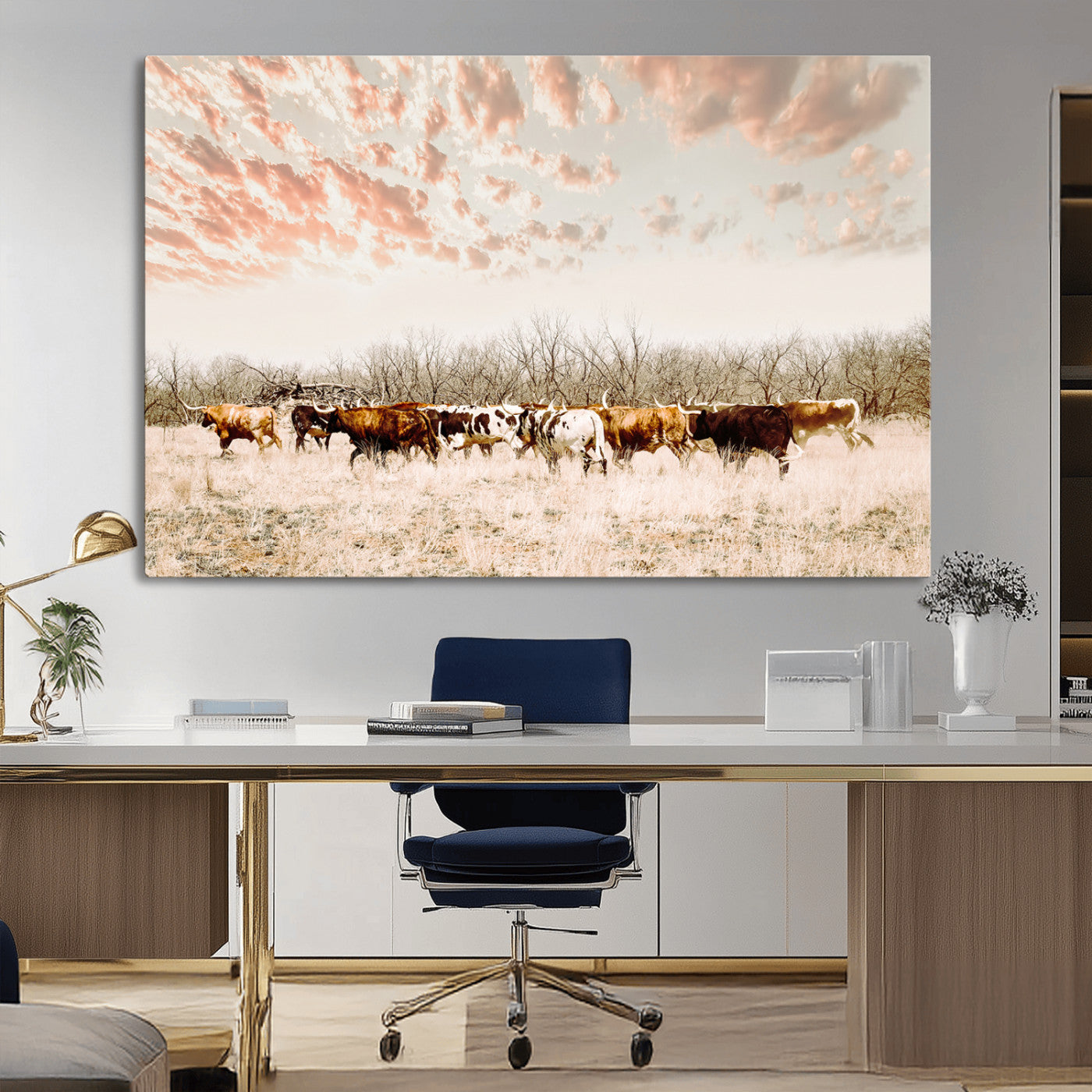 Cattle herd in a soft-toned field under a pastel pink sky, creating a peaceful rustic feel, perfect for farmhouse or western-themed spaces.