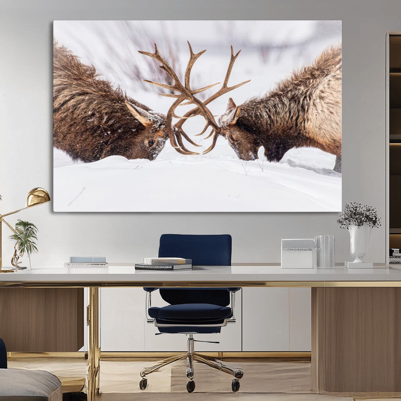 Two elk clashing antlers in a snowy forest, capturing raw power and wild energy, ideal for rustic cabin or lodge-style decor.