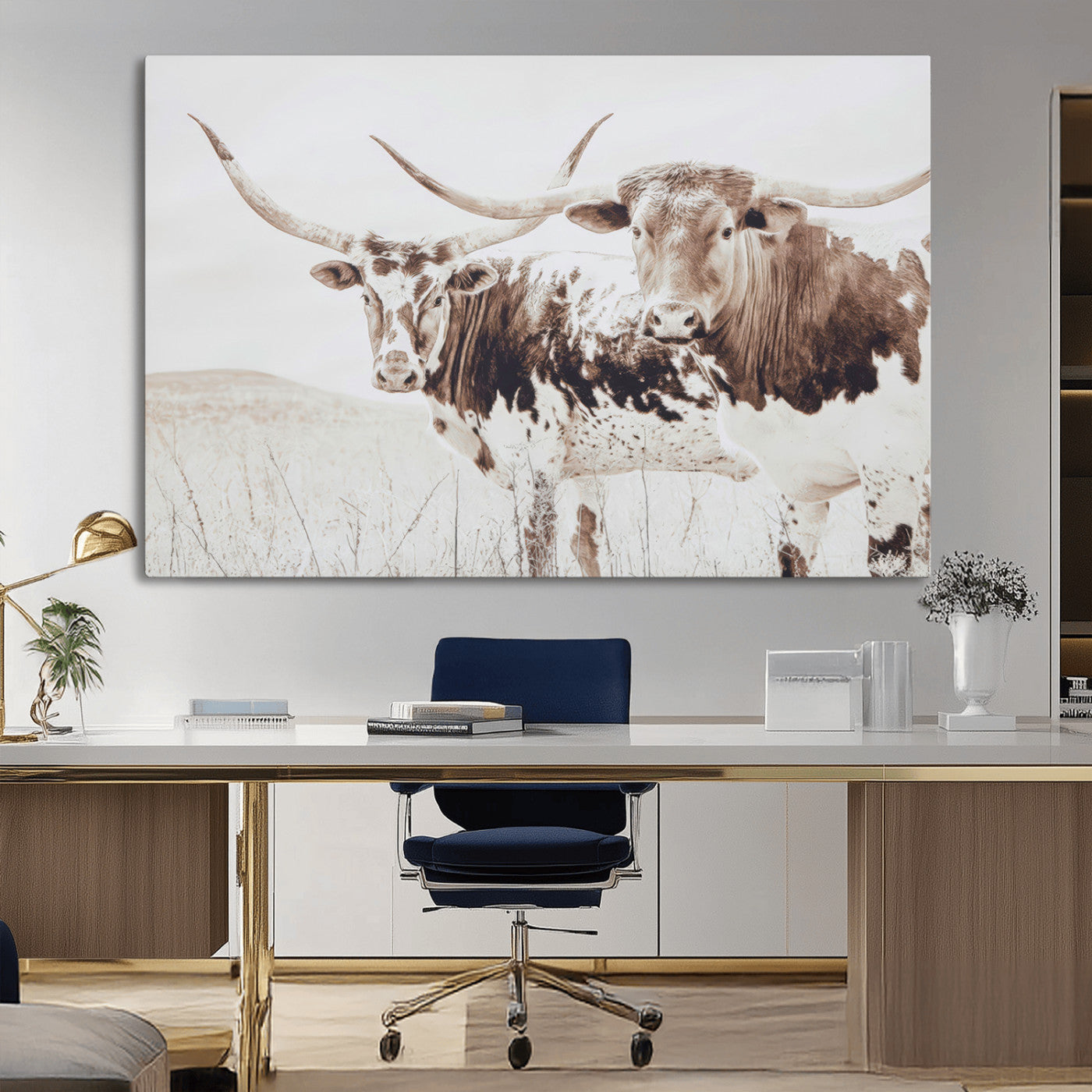 Two longhorn cows standing in a sepia-toned pasture with soft light, ideal for rustic or farmhouse-themed neutral wall decor.