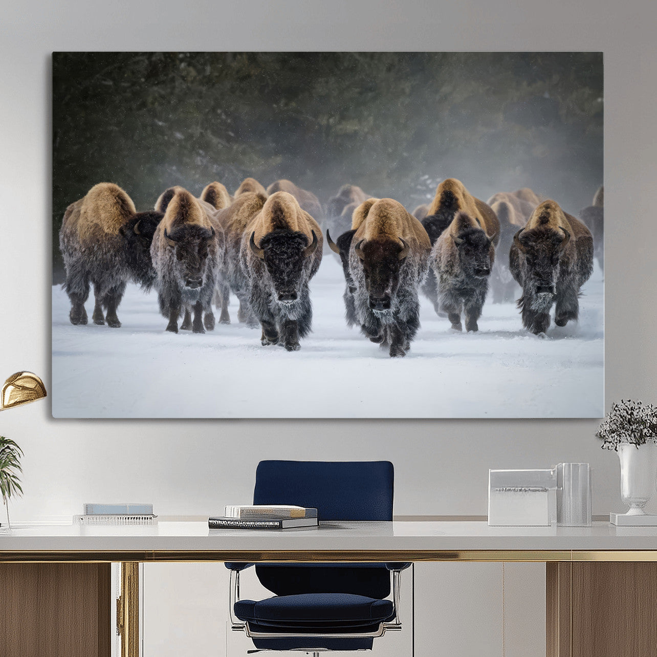 41669135-MGV-CV-36X24 - Winter Bison Herd Wall Art – Majestic Buffalo Charge Canvas Print with Snow Covered Plains, Rustic Wildlife Strength and Untamed Nature Decor for Home and Office