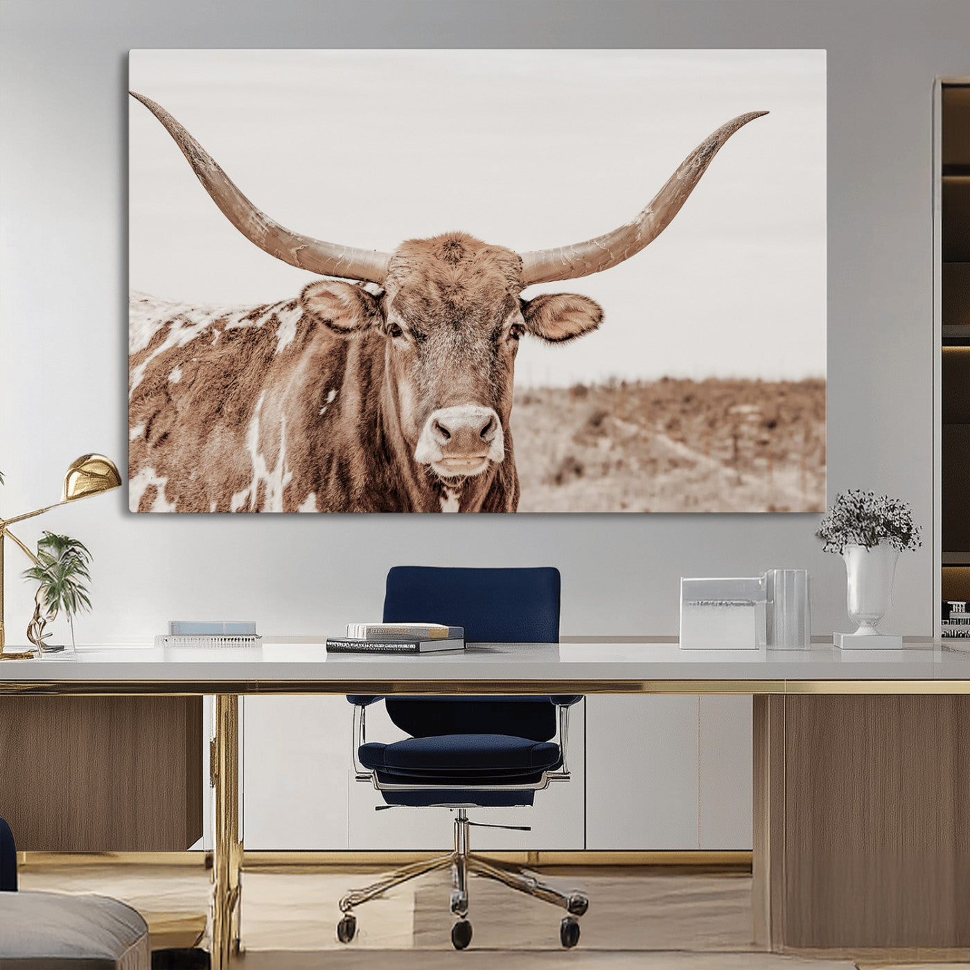 A longhorn cow in soft beige desert tones, standing calmly in open land, perfect for neutral western or rustic farmhouse interiors.