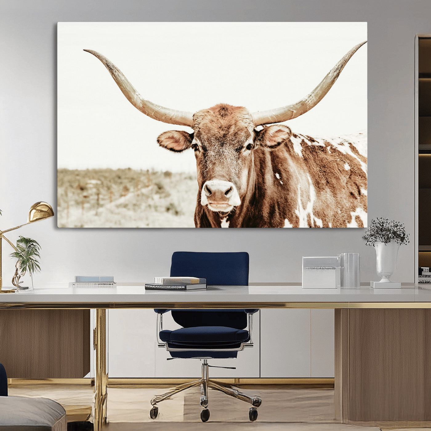 A Texas longhorn bull with wide horns, standing in a dry field under soft light, ideal for rustic farmhouse or western-themed interiors.