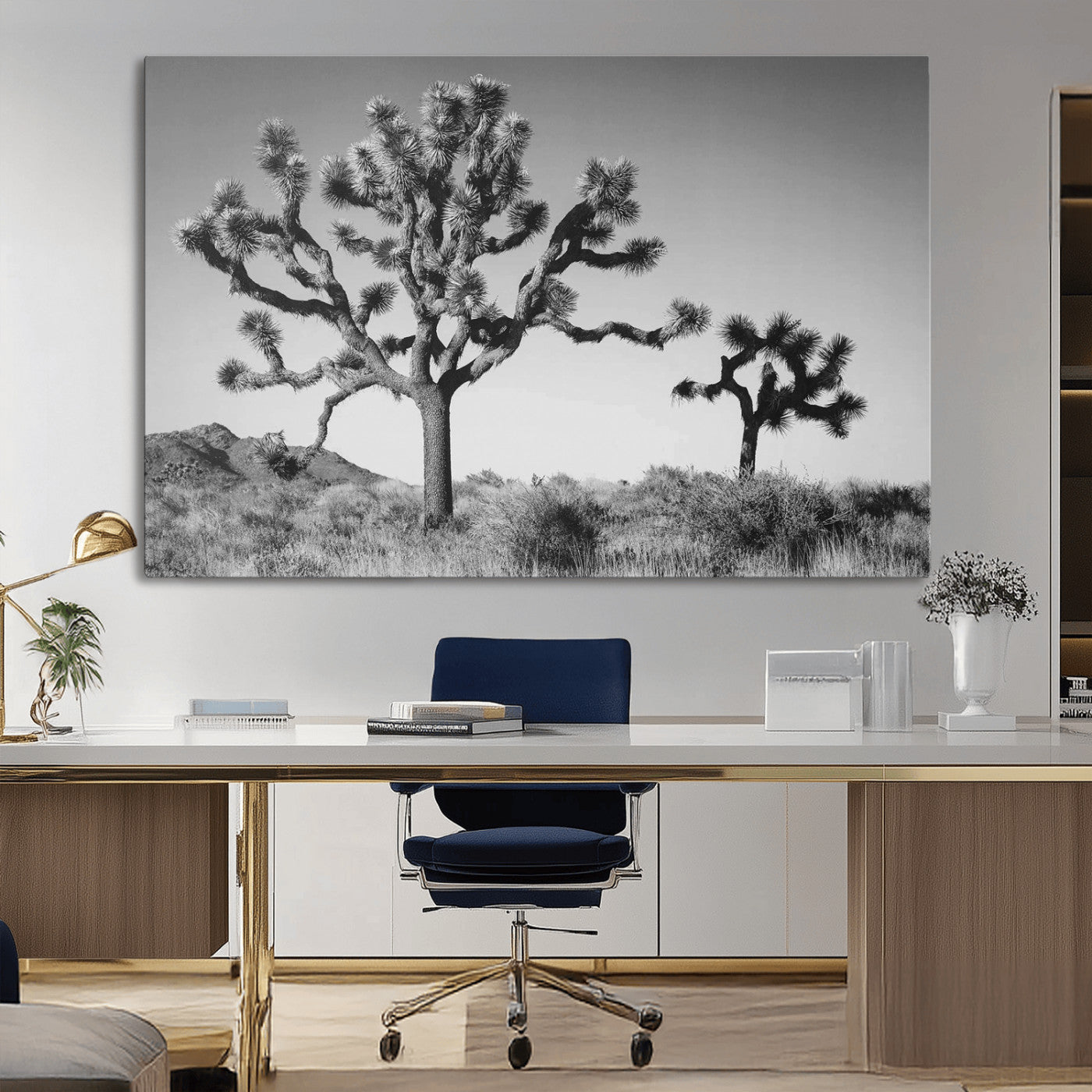 Black and white Joshua trees in a rugged desert landscape, creating a calm and minimalist feel for natural or rustic-themed interiors.