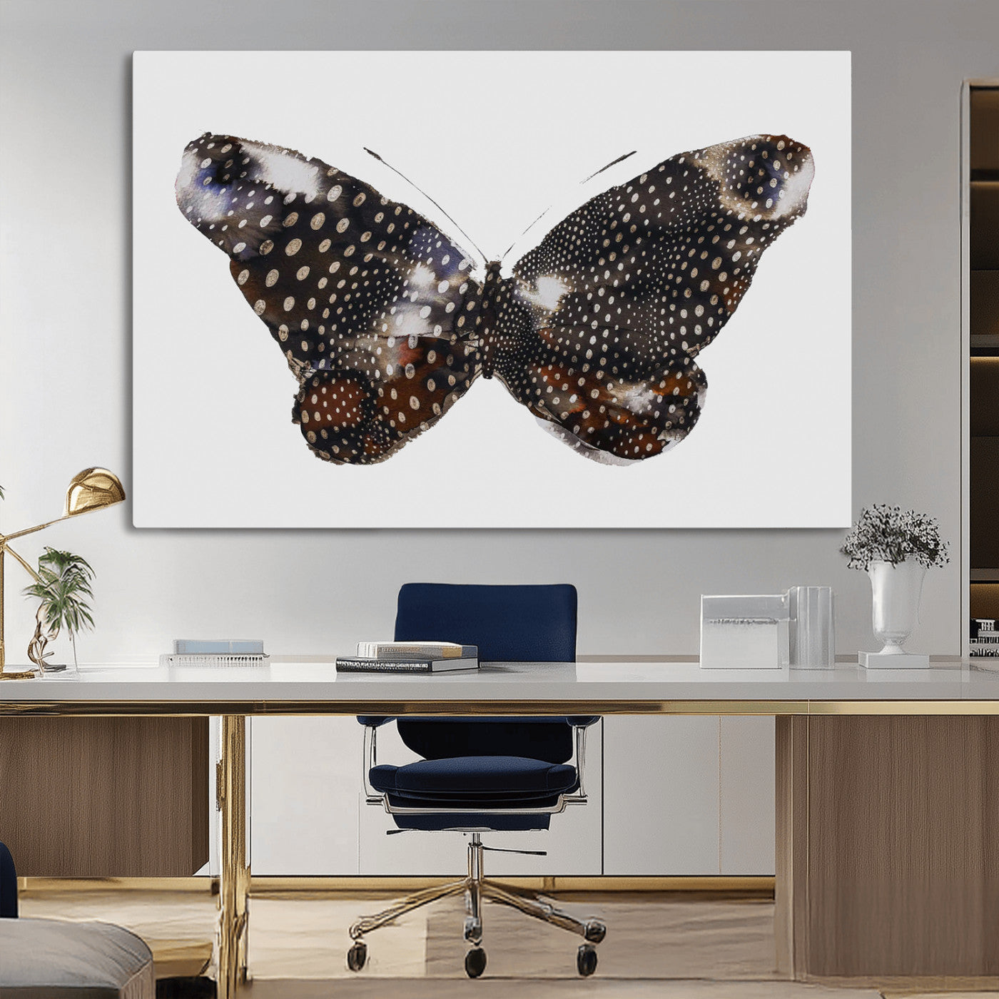 MGV-CV-36X24 - Spotted Butterfly Wall Art Canvas Print, Framed Neutral Insect Theme Art Picture Print, Earthy Wing Pattern Perfect Modern Rustic Decor Artwork