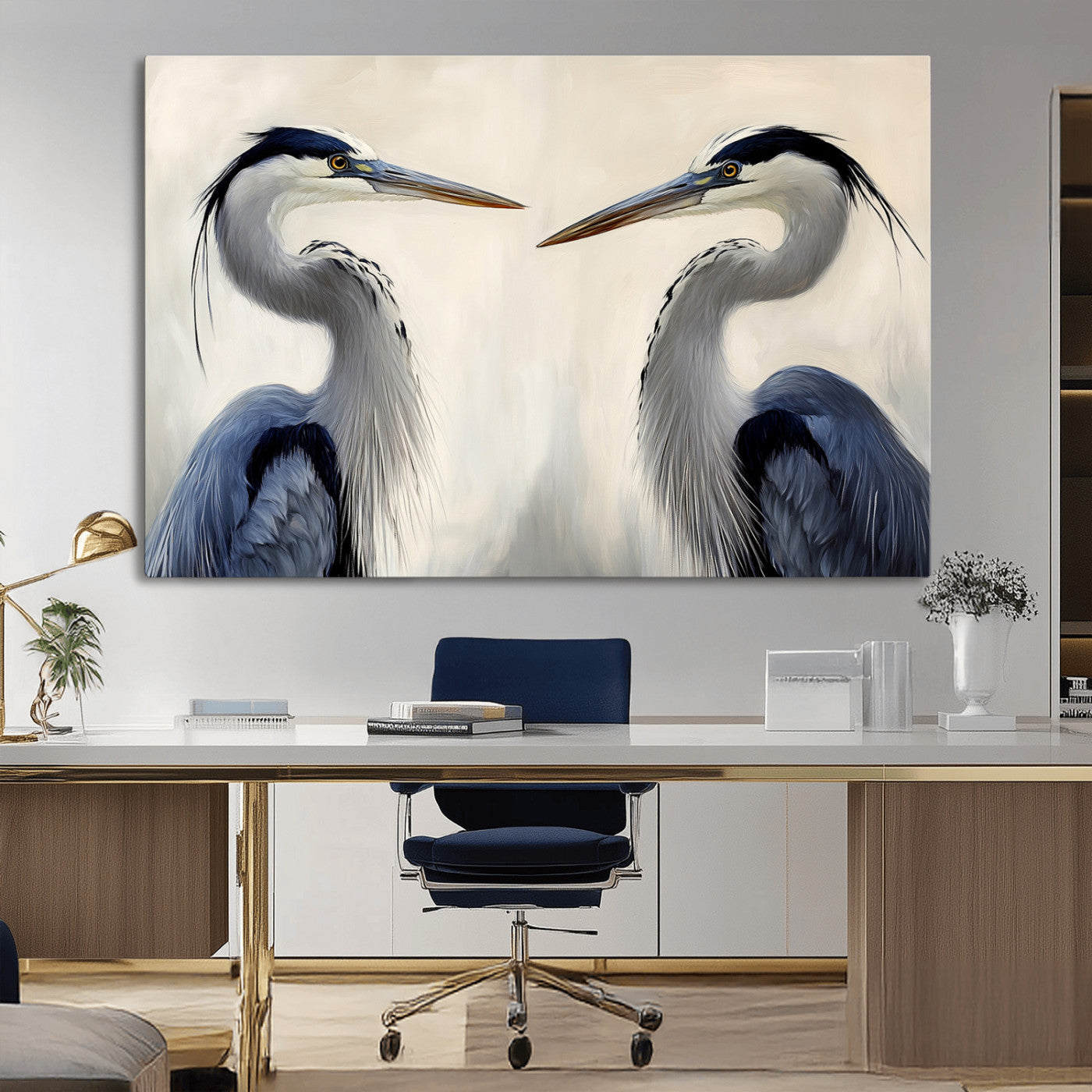 Two blue herons facing each other on a soft neutral background, ideal for coastal, tranquil, or nature-inspired minimalist interiors.