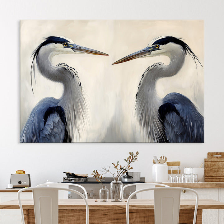 Blue Heron Pair Art Canvas Print, Coastal Bird Theme Print, Framed Tranquil Wildlife Scene Art Print, Large Nature Inspired Decor