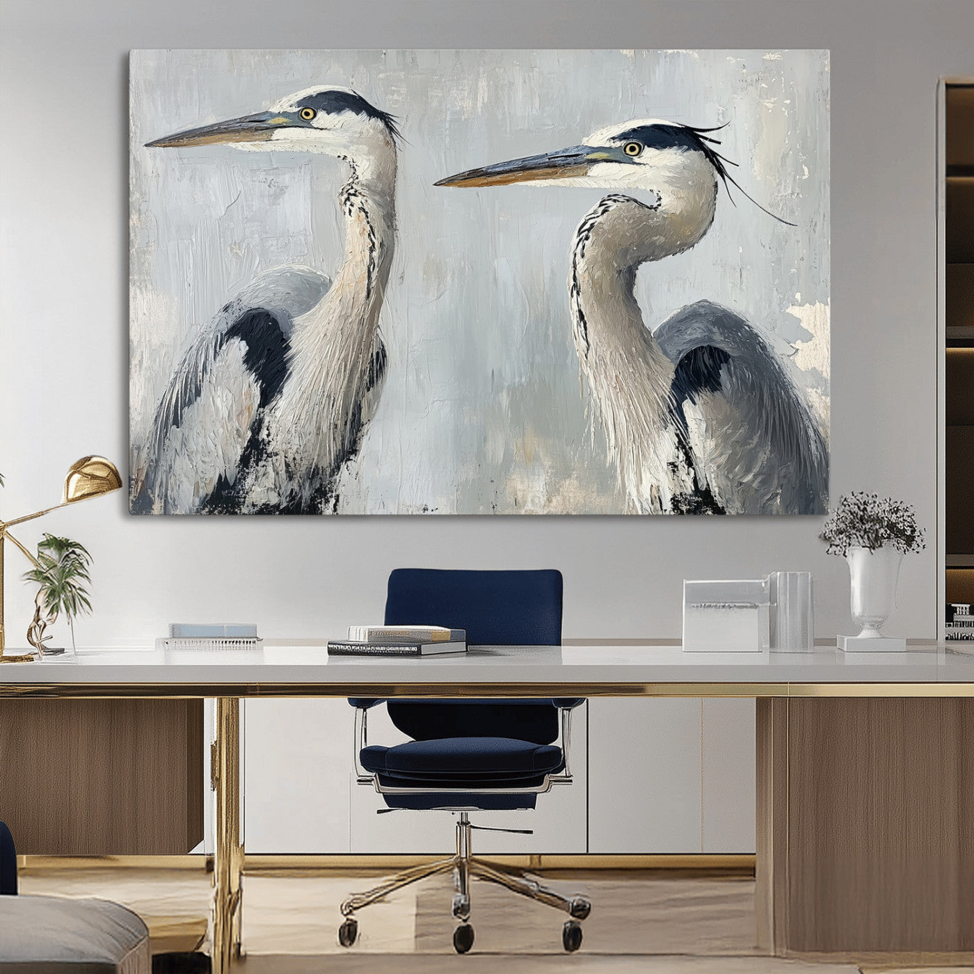 Two elegant herons in profile with soft brush strokes and blue-grey tones, ideal for serene, coastal, or minimalist interior decor.