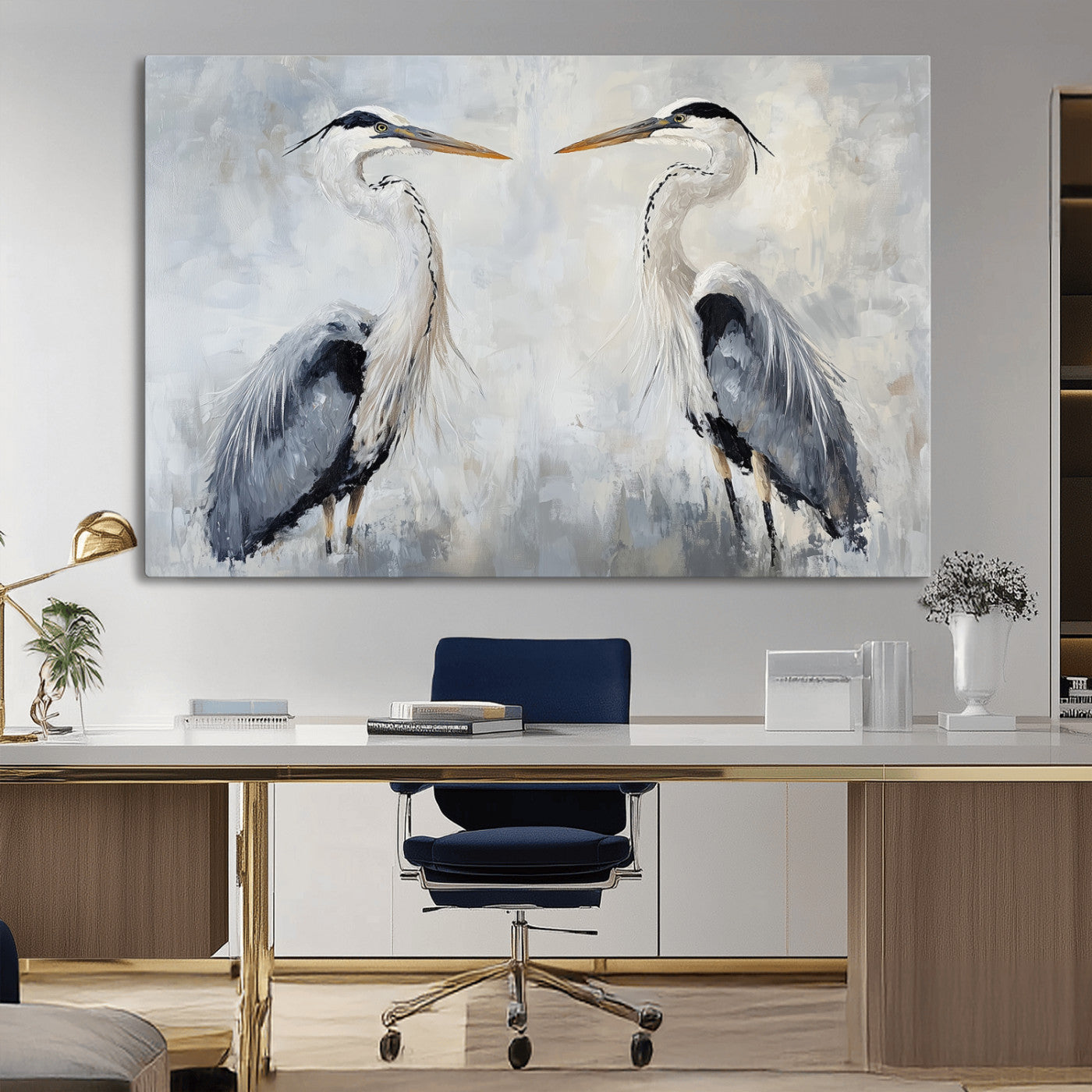 Two herons facing each other on a soft-toned background with blue-grey feathers, perfect for tranquil, coastal or nature-themed interiors.