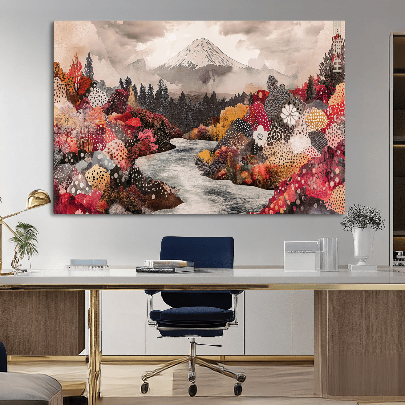 A whimsical mountain landscape with floral autumn trees, river, and misty peak, ideal for cozy, cottagecore, and nature-inspired wall decor.