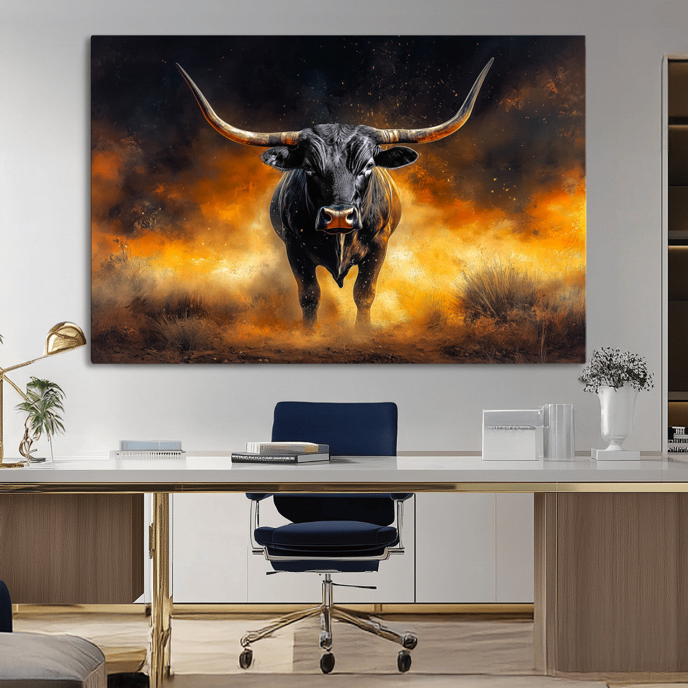 MGV-CV-36X24 - Longhorn Canvas Wall Art Canvas Print, Framed Bold Bull Wall Art Art Picture Print, Western Animal Decor Perfect Western Dramatic Decor Artwork