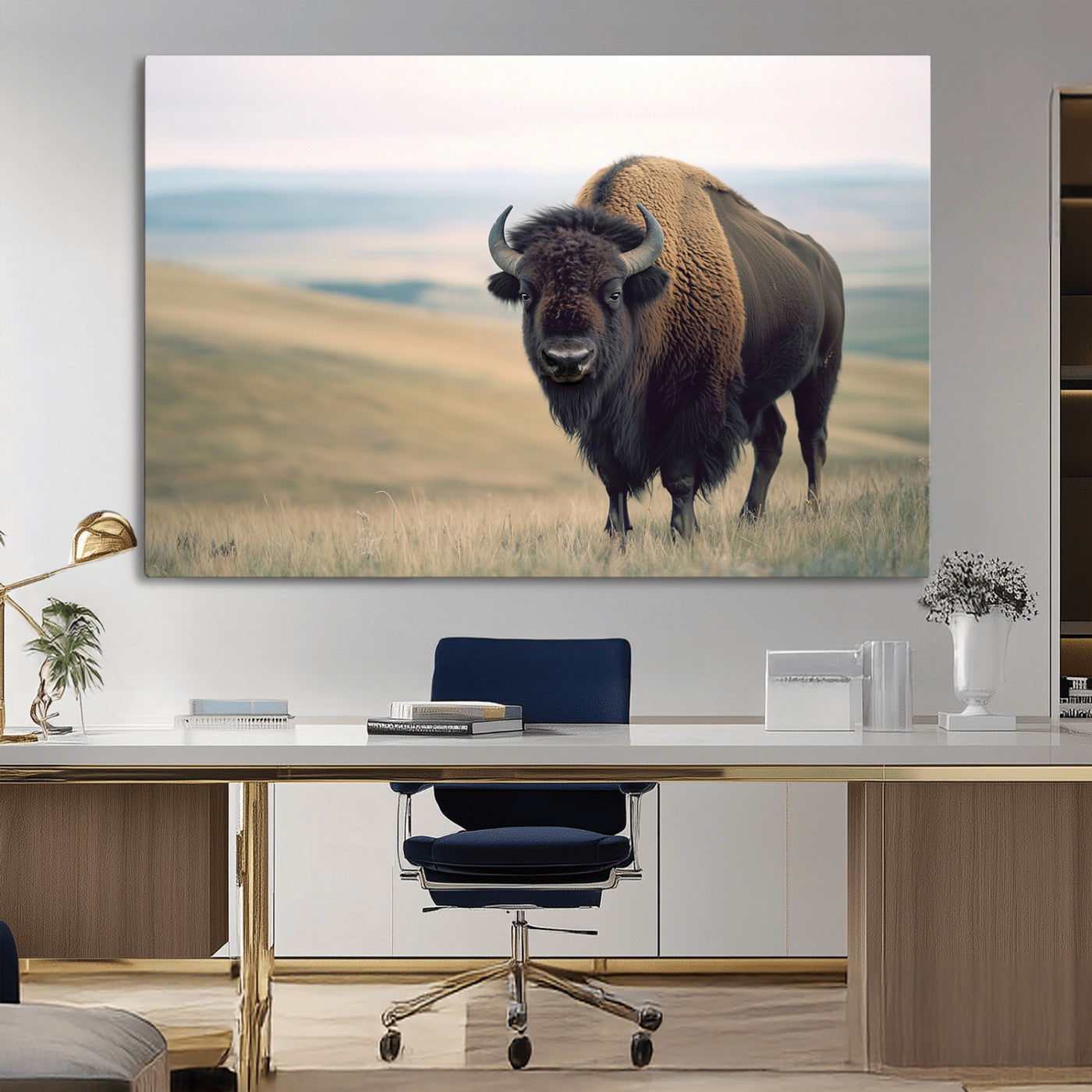 A bison standing strong on a grassy prairie with rolling hills in the background, perfect for rustic and Western-inspired wall decor.