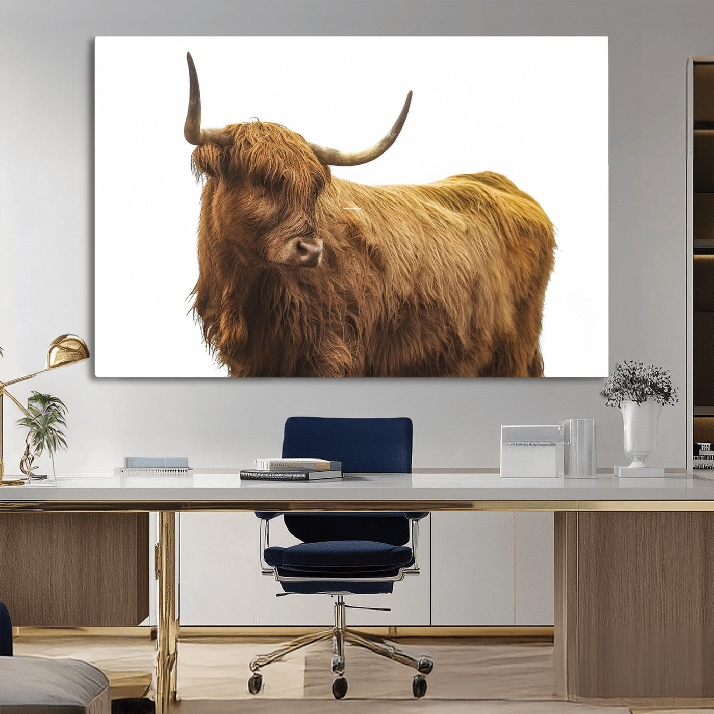 A highland cow with long horns and shaggy fur standing calmly, isolated on white background, ideal for rustic or farmhouse wall decor.