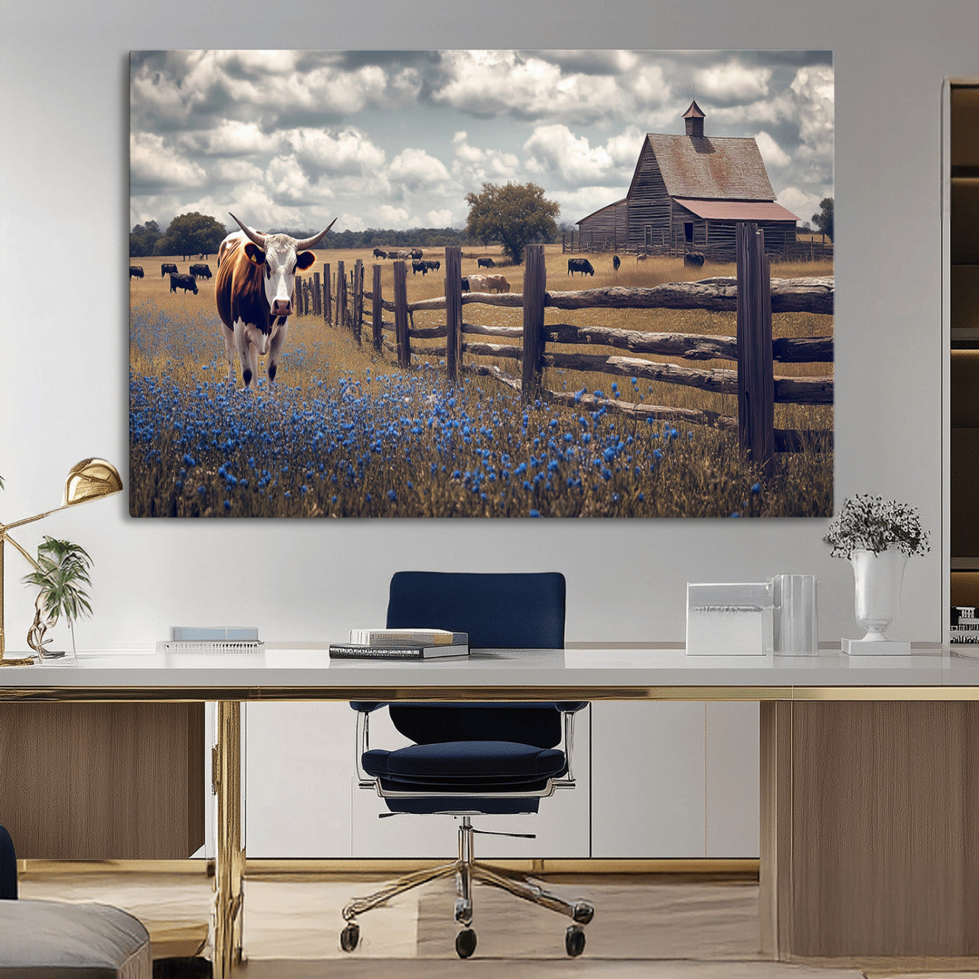 Framed canvas print of a Texas Longhorn near a rustic barn and fence, ideal for farmhouse or western-style home wall decor.
