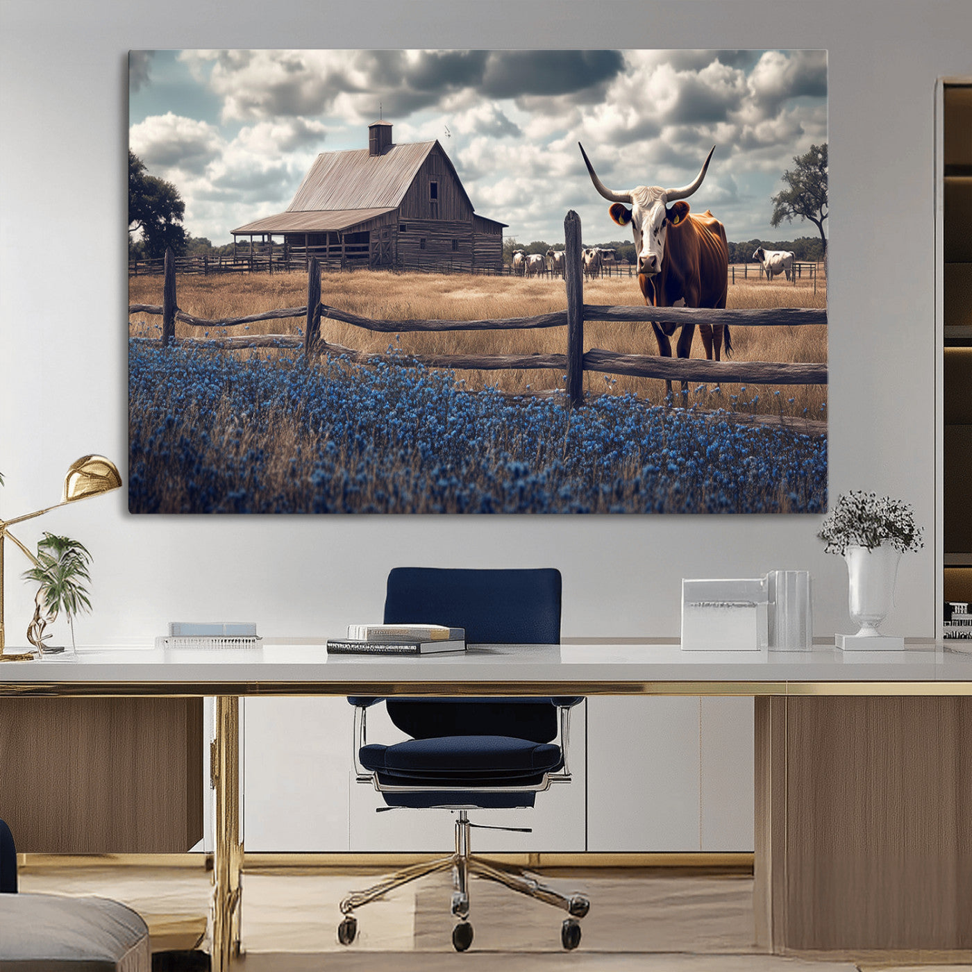 Framed canvas art of a Texas Longhorn cow near a rustic barn and bluebonnet field, ideal for country-style or farmhouse wall decor.