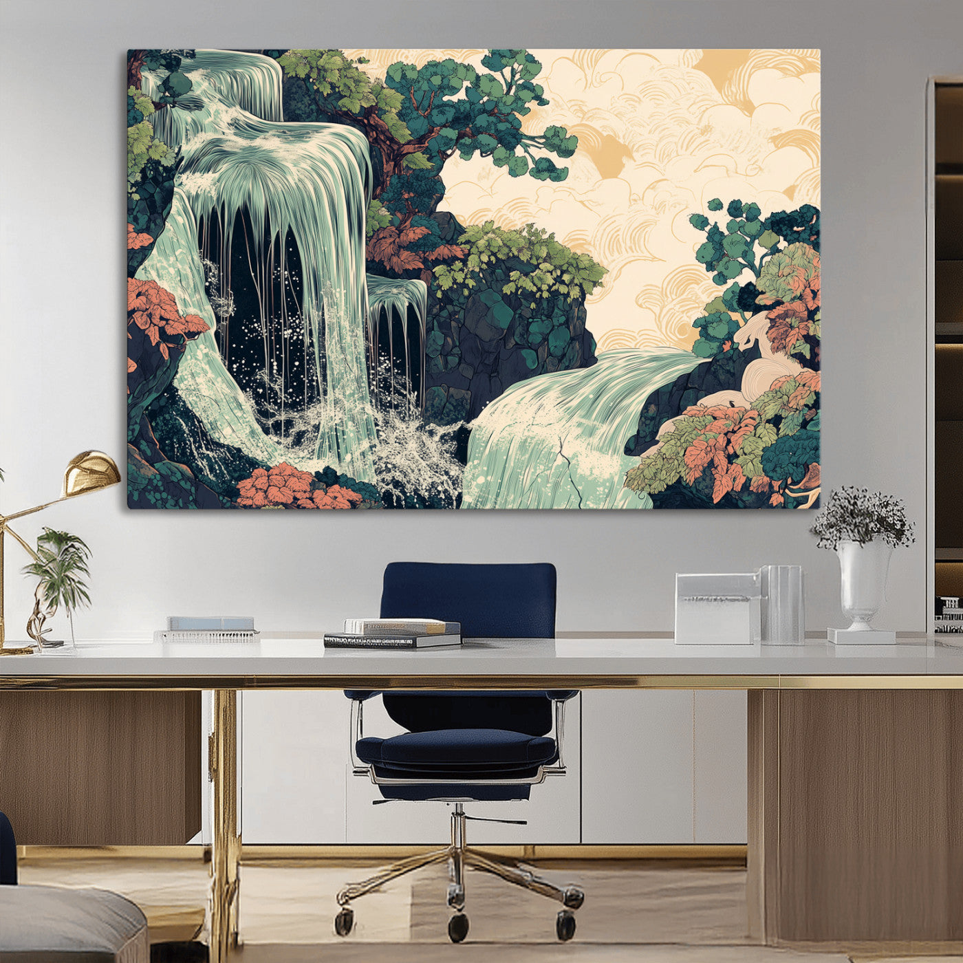 Stylized waterfall flowing through rocky terrain and lush foliage in an oriental art style, ideal for peaceful and nature-themed interiors.