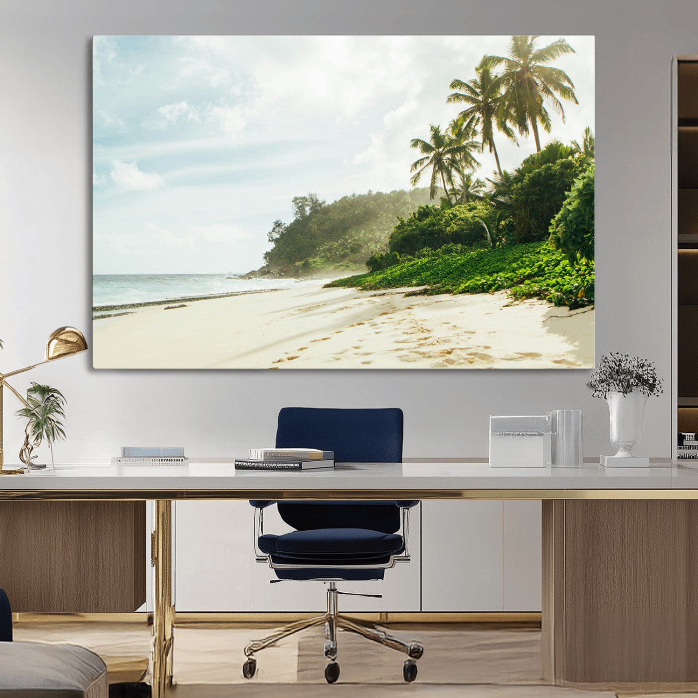A tropical beach with palm trees, soft sand, and ocean waves under a bright sky, creating a peaceful and relaxing coastal view.