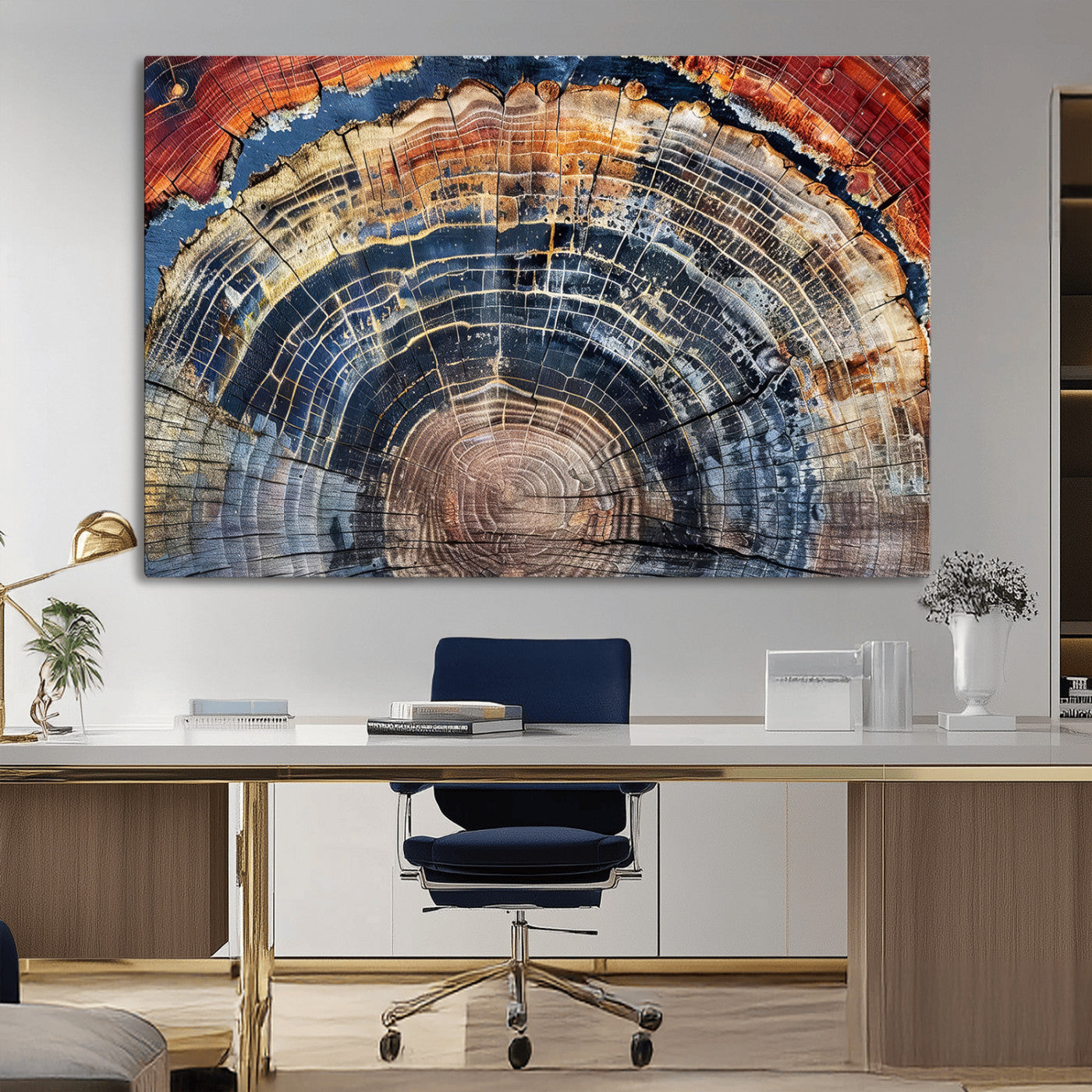 Close-up of petrified wood with rich earthy tones and intricate tree rings, highlighting natural texture and organic patterns.