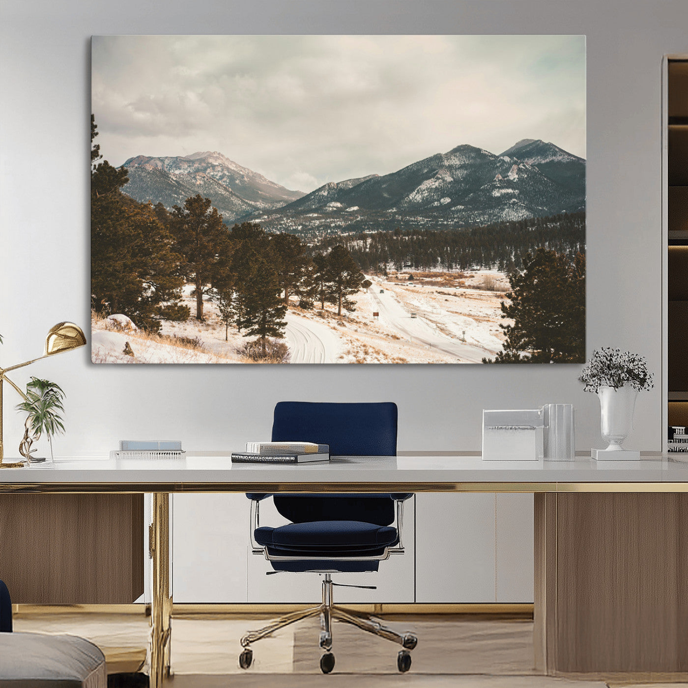 Snow-covered mountains with pine trees and a winding path, creating a serene and rustic winter landscape perfect for cozy decor.