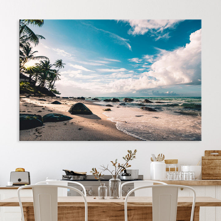 Tropical Beach Wall Art Canvas Print, Framed Ocean Waves Art Picture Print, Relaxing Seascape Perfect Tropical Coastal Decor Artwork