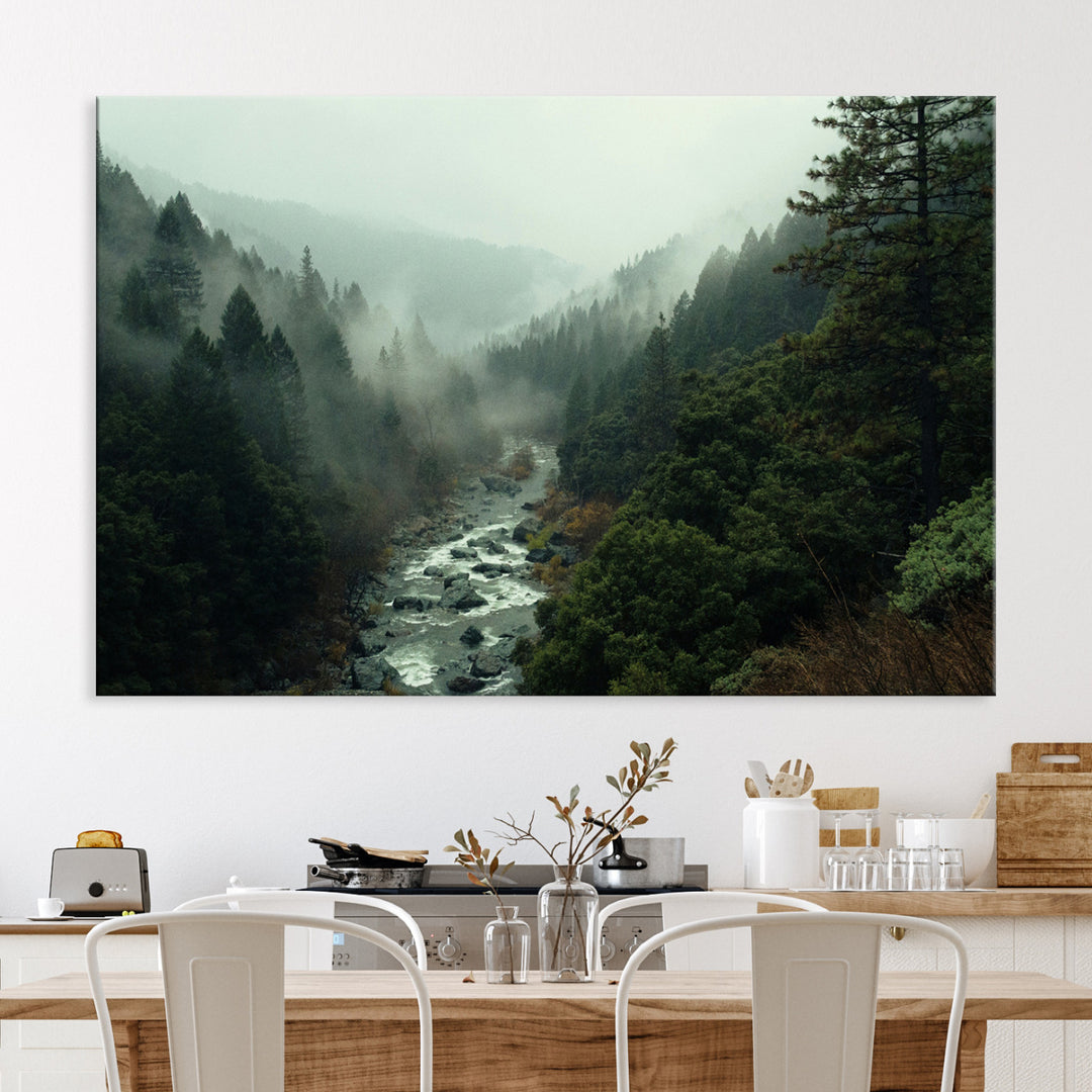 Misty Forest Wall Art Canvas Print, Framed Foggy River Art Picture Print, Moody Landscape Perfect Wilderness Decor Artwork