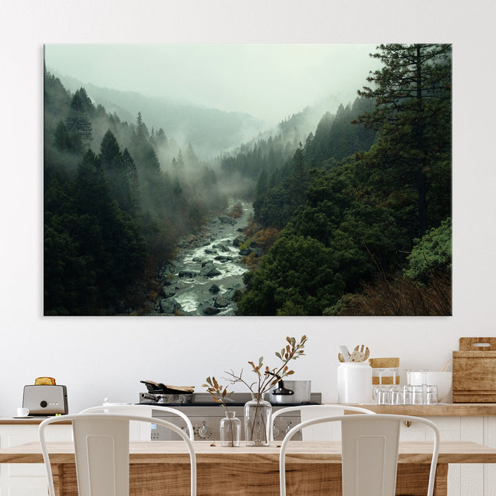 Misty Forest Wall Art Canvas Print, Framed Foggy River Art Picture Print, Moody Landscape Perfect Wilderness Decor Artwork