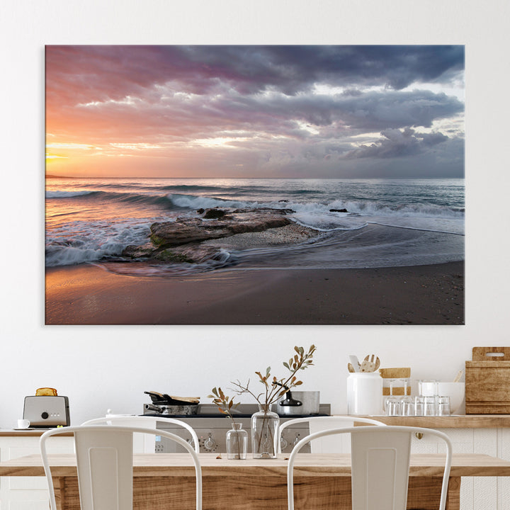 Golden Hour Wall Art Canvas Print, Framed Tranquil Waves Art Picture Print, Beach Perfect Coastal Serenity Decor Artwork