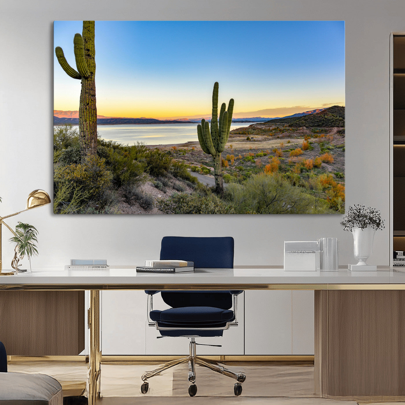 Desert landscape with saguaro cacti and lake at sunset, featuring vibrant sky and hills, ideal for Southwestern or rustic wall decor.