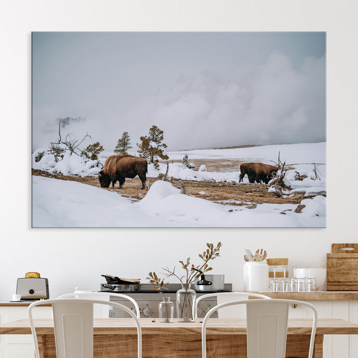 Bison Wildlife Wall Art Canvas Print, Framed Snowy Prairie Art Picture Print, Western Perfect Rustic Decor Artwork