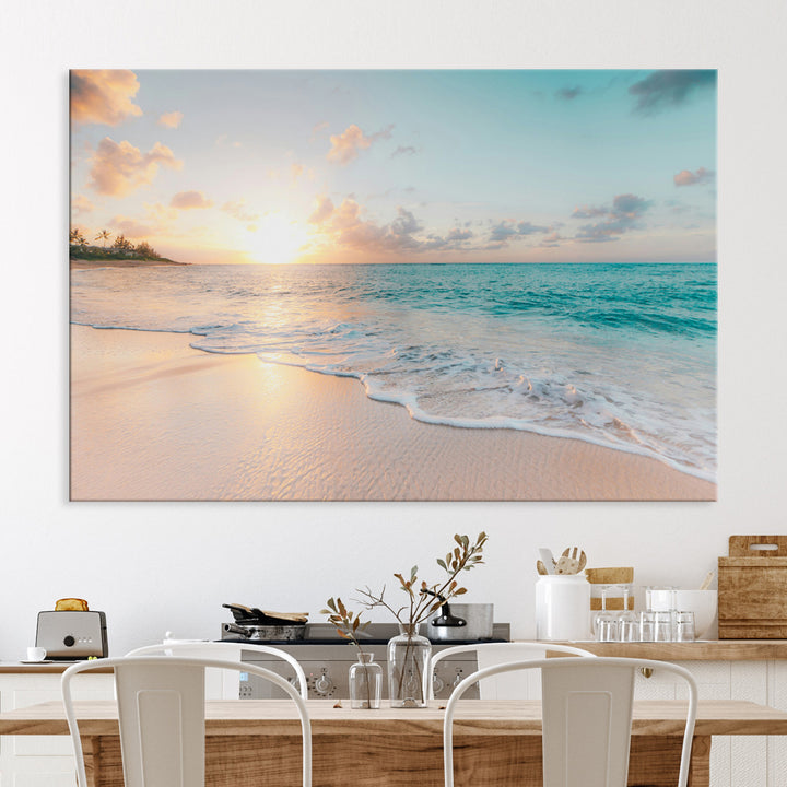 Beach Sunset Wall Art Canvas Print, Framed Ocean Waves Art Picture Print, Summer Escape Perfect Coastal Decor Artwork