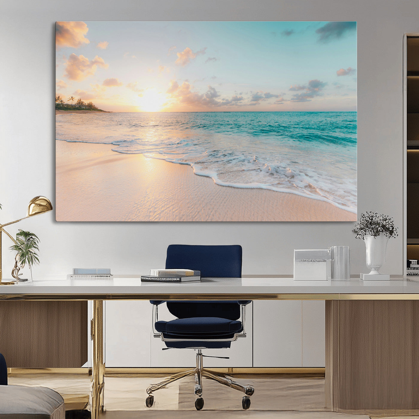 Golden sunset over a tropical beach with gentle ocean waves and soft white sand, creating a peaceful and relaxing coastal scene.