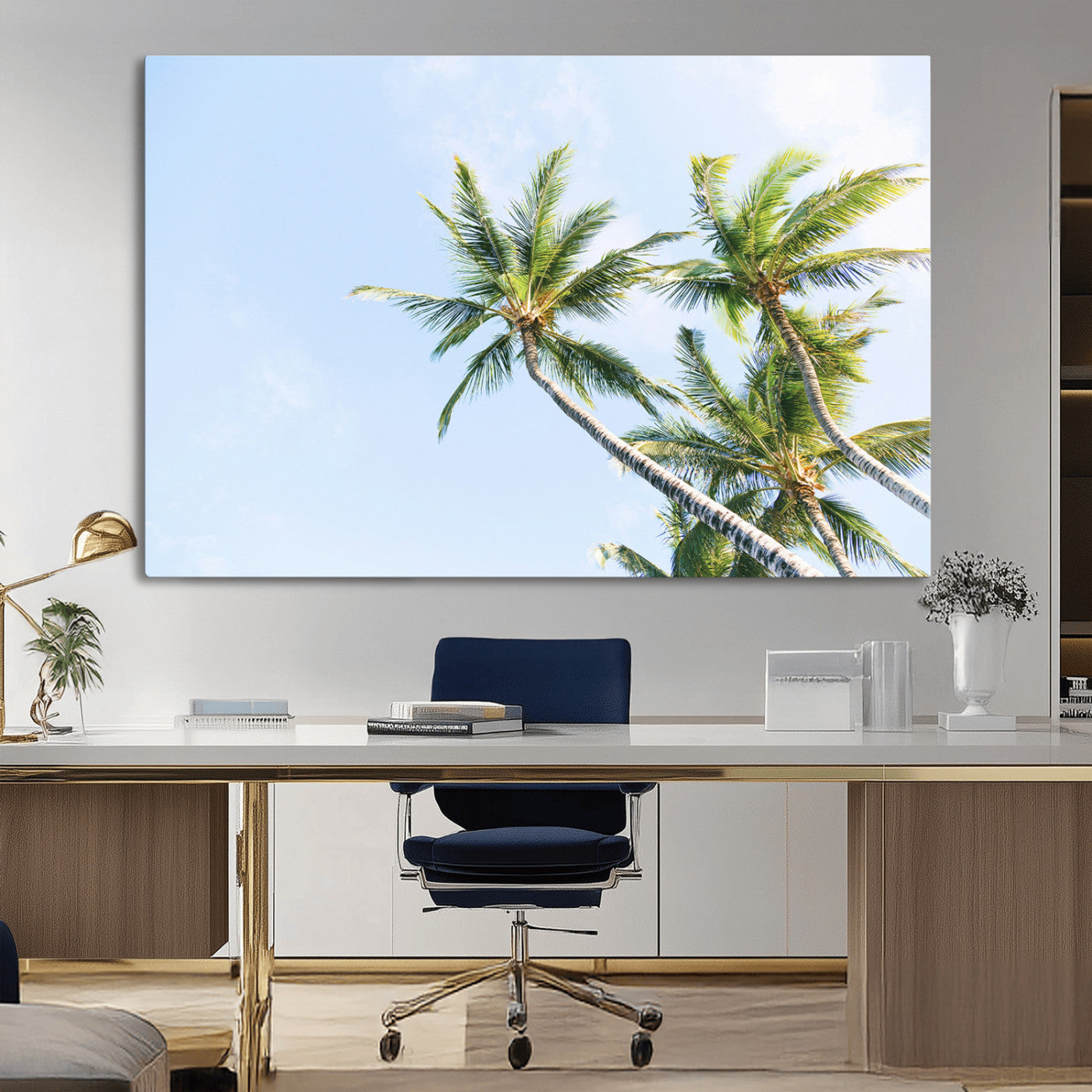 Tall palm trees swaying under a bright blue sky, capturing a tropical and minimalist beach vibe, perfect for coastal-inspired wall art.