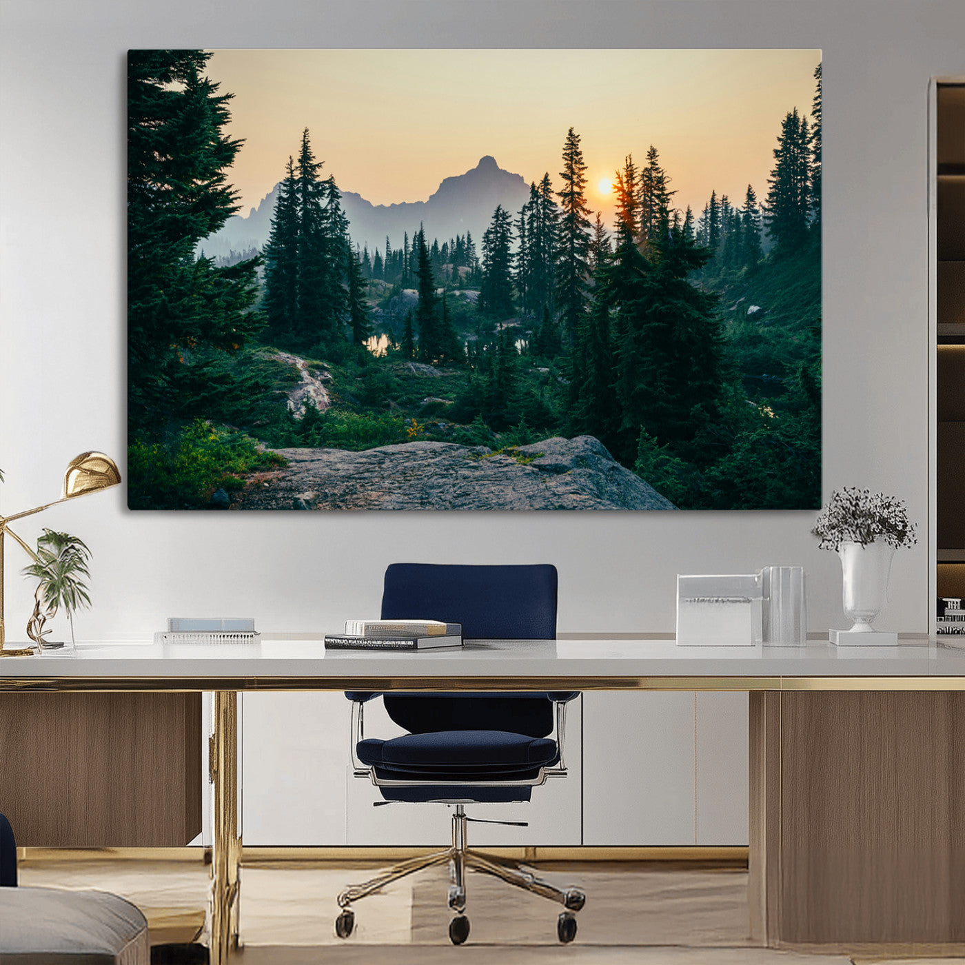 Mountain landscape with evergreen trees at sunset, casting a golden glow over the wilderness, creating a peaceful and rustic nature scene.