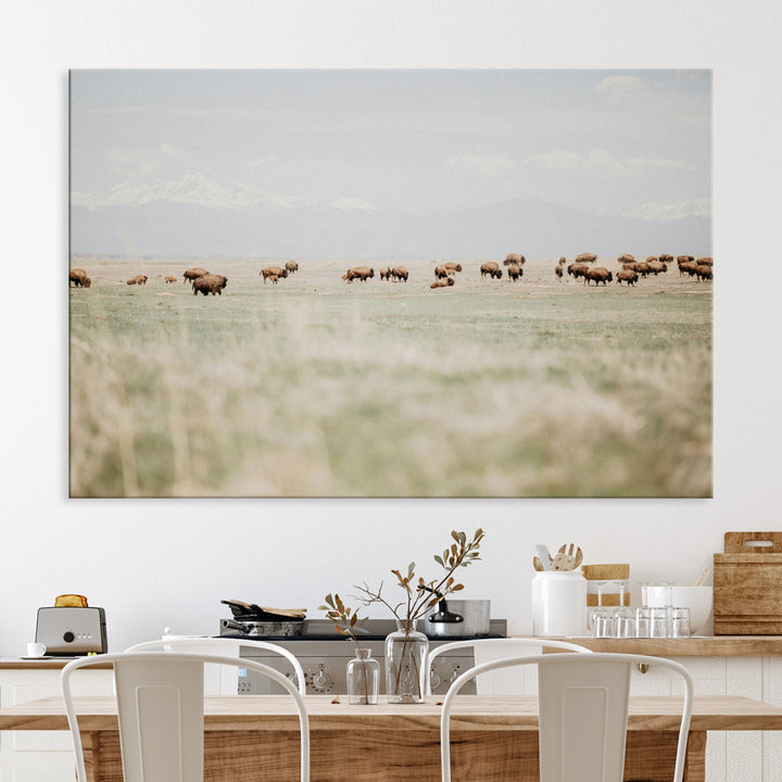 Bison Herd Wall Art Canvas Print, Framed Western Art Picture Print, Bison Perfect Ranch Decor Artwork