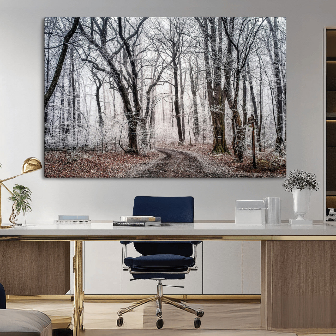 Snow-covered trees in a misty winter forest with a winding path, creating a serene and mysterious atmosphere, perfect for nature-inspired wall art.