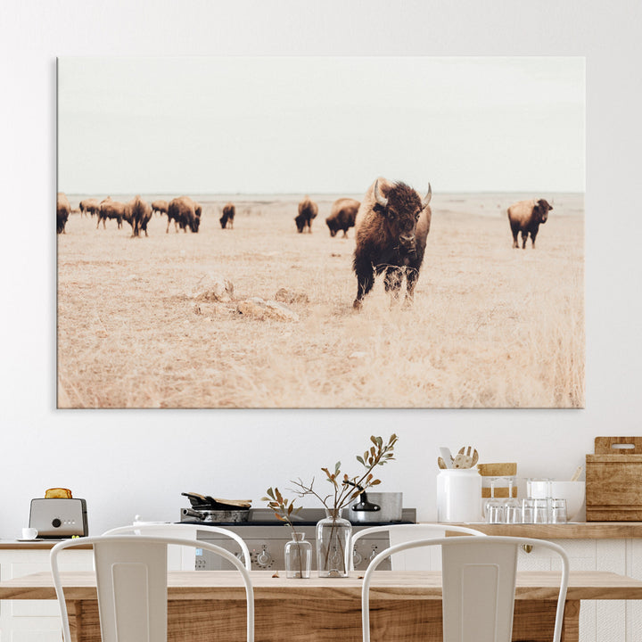 Bison Herd Wall Art Canvas Print, Framed Western Art Picture Print, Prairie Serenity Perfect Ranch Decor Artwork