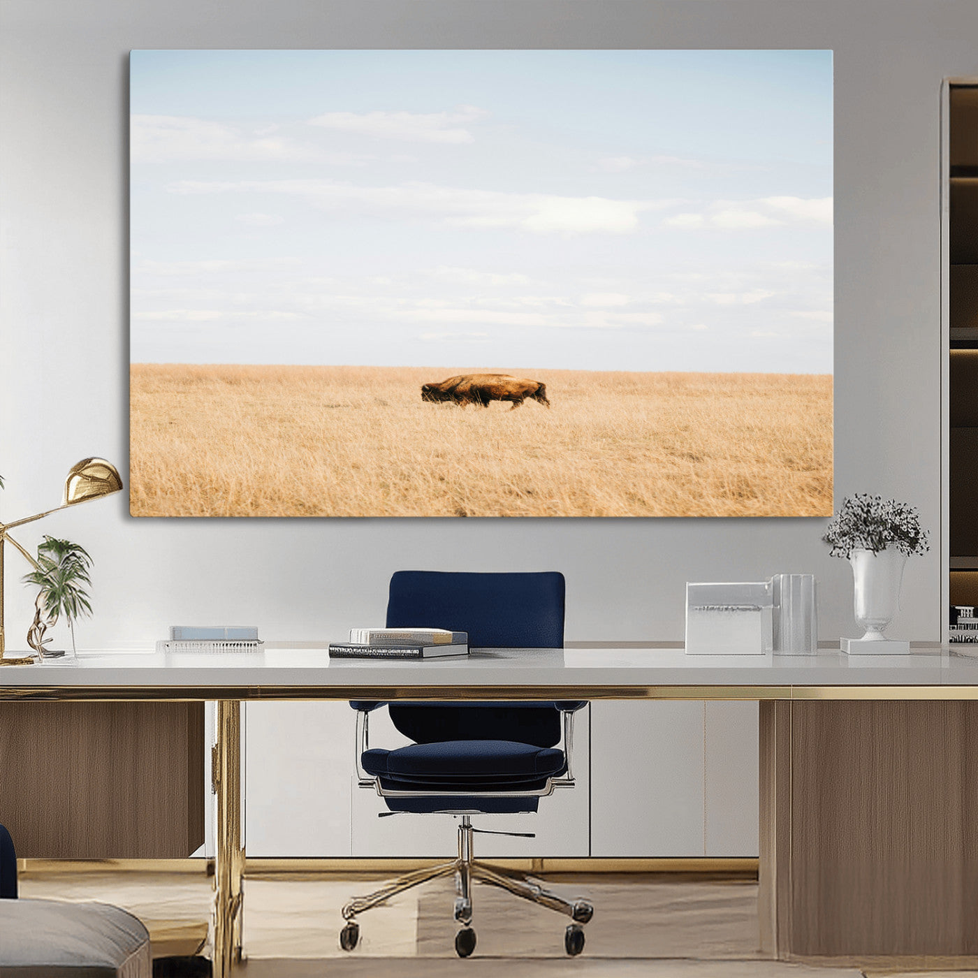 MGV-CV-36X24 - Minimalist Nature Wall Art Canvas Print, Framed Bison In Grassland Art Picture Print, Open Field Perfect Modern Ranch Decor Decor Artwork