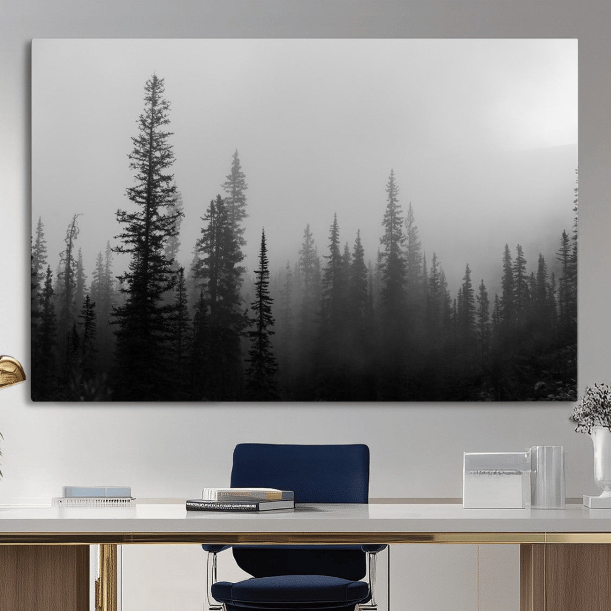 Black and white foggy forest with tall pine trees fading into mist, creating a moody and tranquil atmosphere, ideal for minimalist wall art.