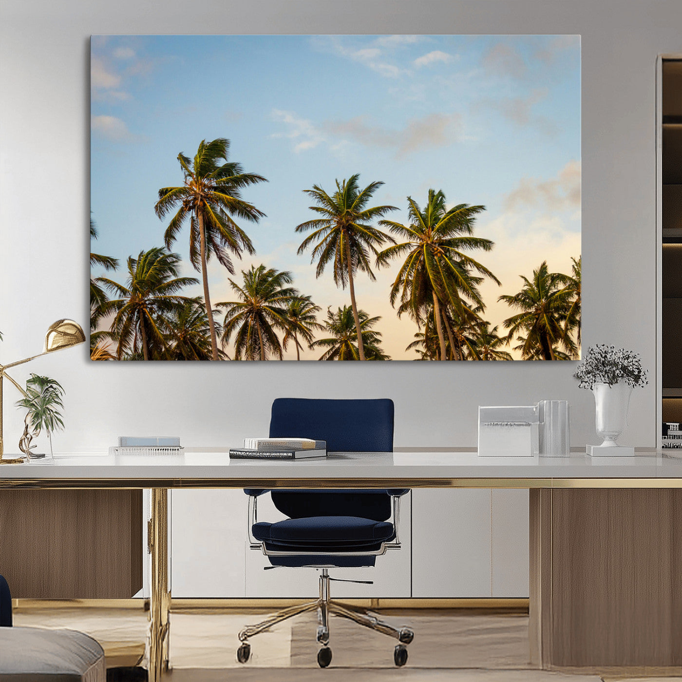 Tall palm trees swaying under a soft sunset sky, creating a tropical and relaxing atmosphere, perfect for coastal and beach-inspired wall art.