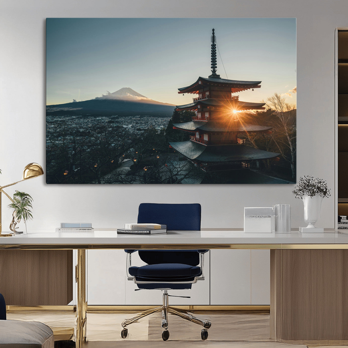 Chureito Pagoda at sunset with Mount Fuji in the background, city lights below, and golden sun rays, ideal for Japanese-inspired wall art.