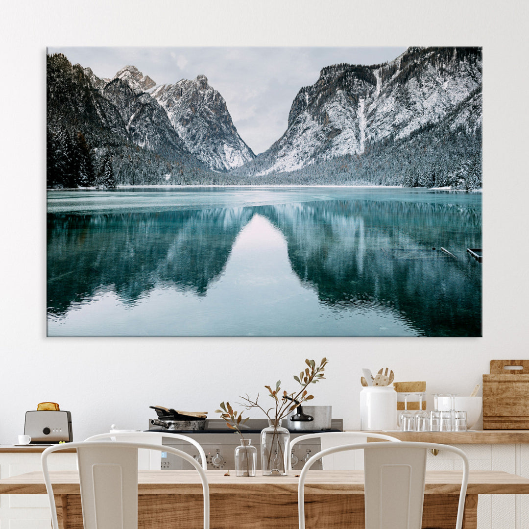 Mountain Lake Wall Art Canvas Print, Framed Winter Wonderland Art Picture Print, Snowy Peaks Perfect Modern Nature Decor Artwork