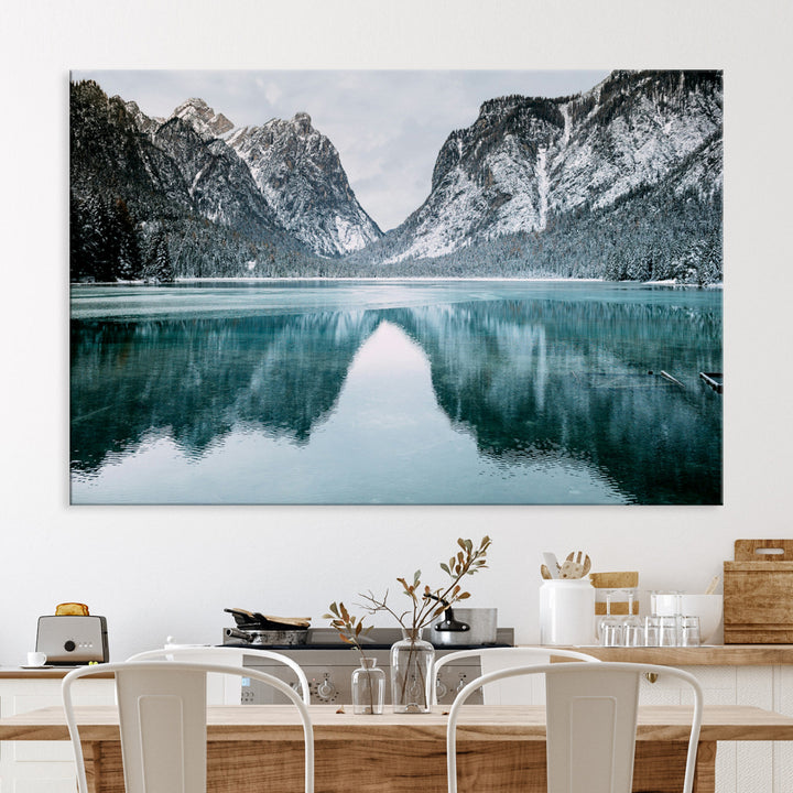 Mountain Lake Wall Art Canvas Print, Framed Winter Wonderland Art Picture Print, Snowy Peaks Perfect Modern Nature Decor Artwork