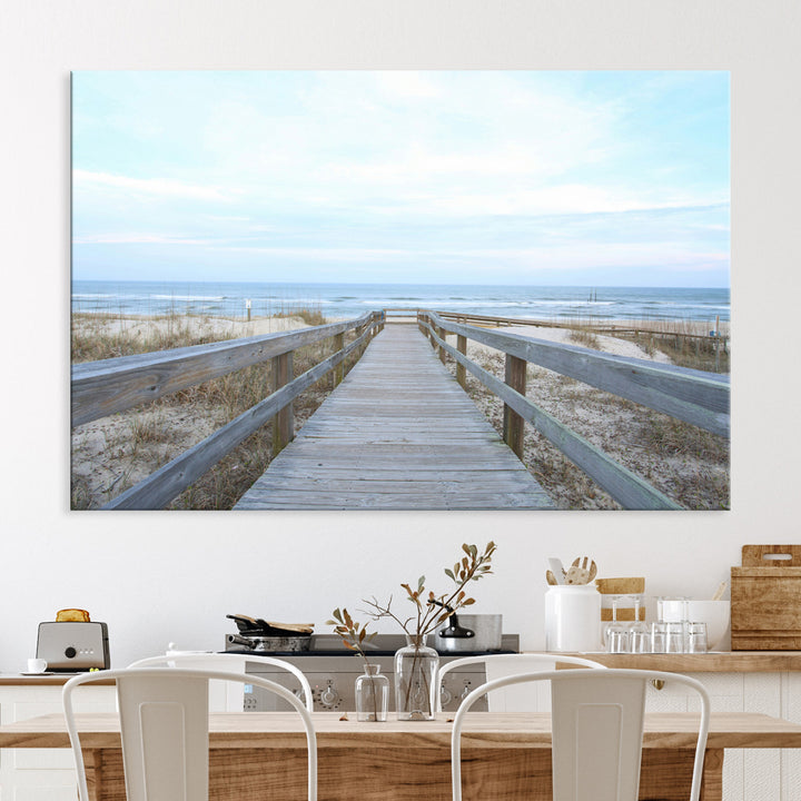 Beach Boardwalk Wall Art Canvas Print, Framed Coastal Serenity Art Picture Print, Ocean View Perfect Coastal Decor Artwork
