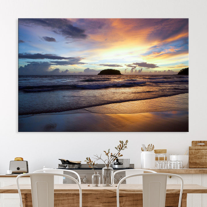 Beach Sunset Wall Art Canvas Print, Framed Ocean Waves Art Picture Print, Tropical Seascape Perfect Coastal Serenity Decor Artwork