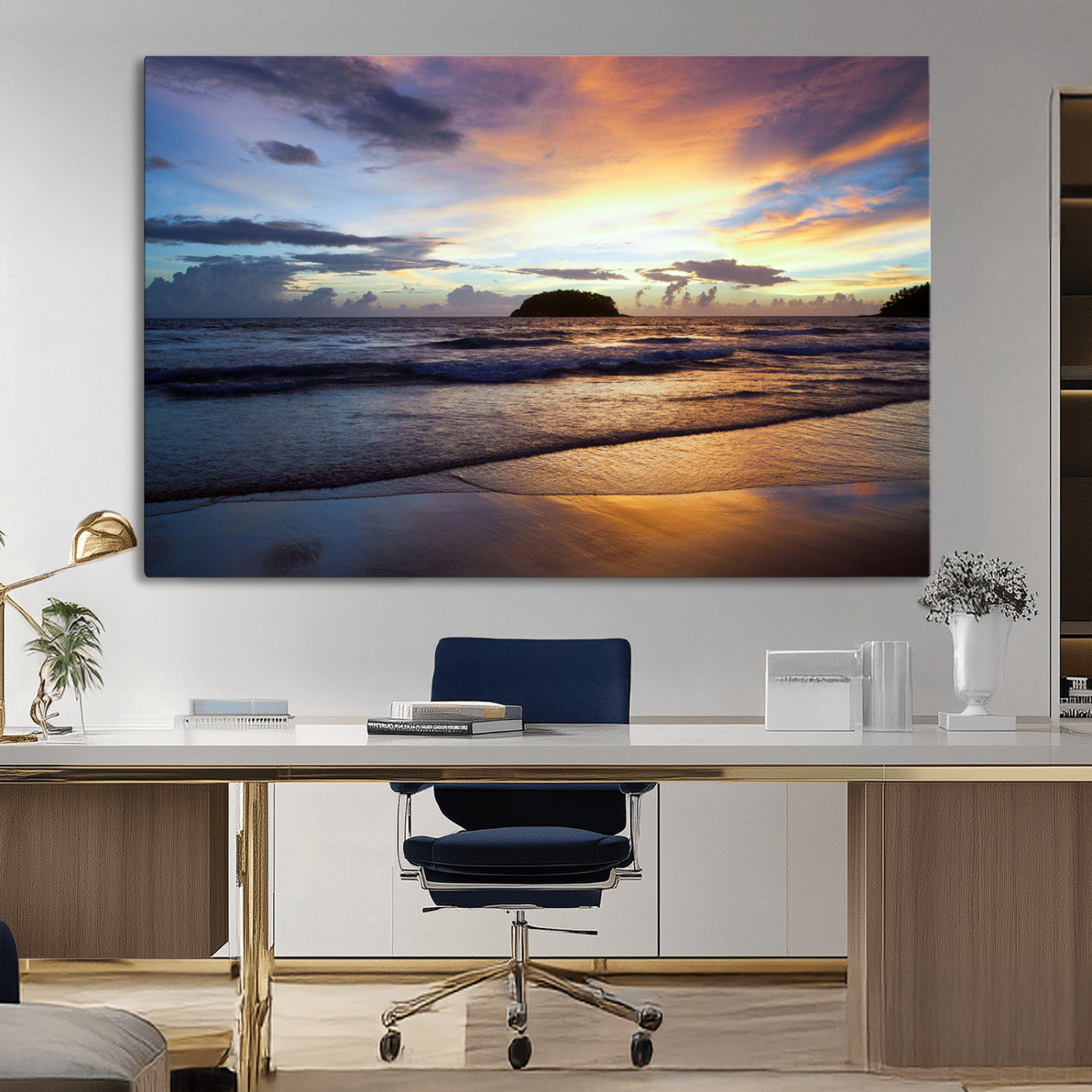 A tropical beach at sunset with waves gently washing ashore, reflecting golden and purple hues in the sky, creating a tranquil coastal scene.