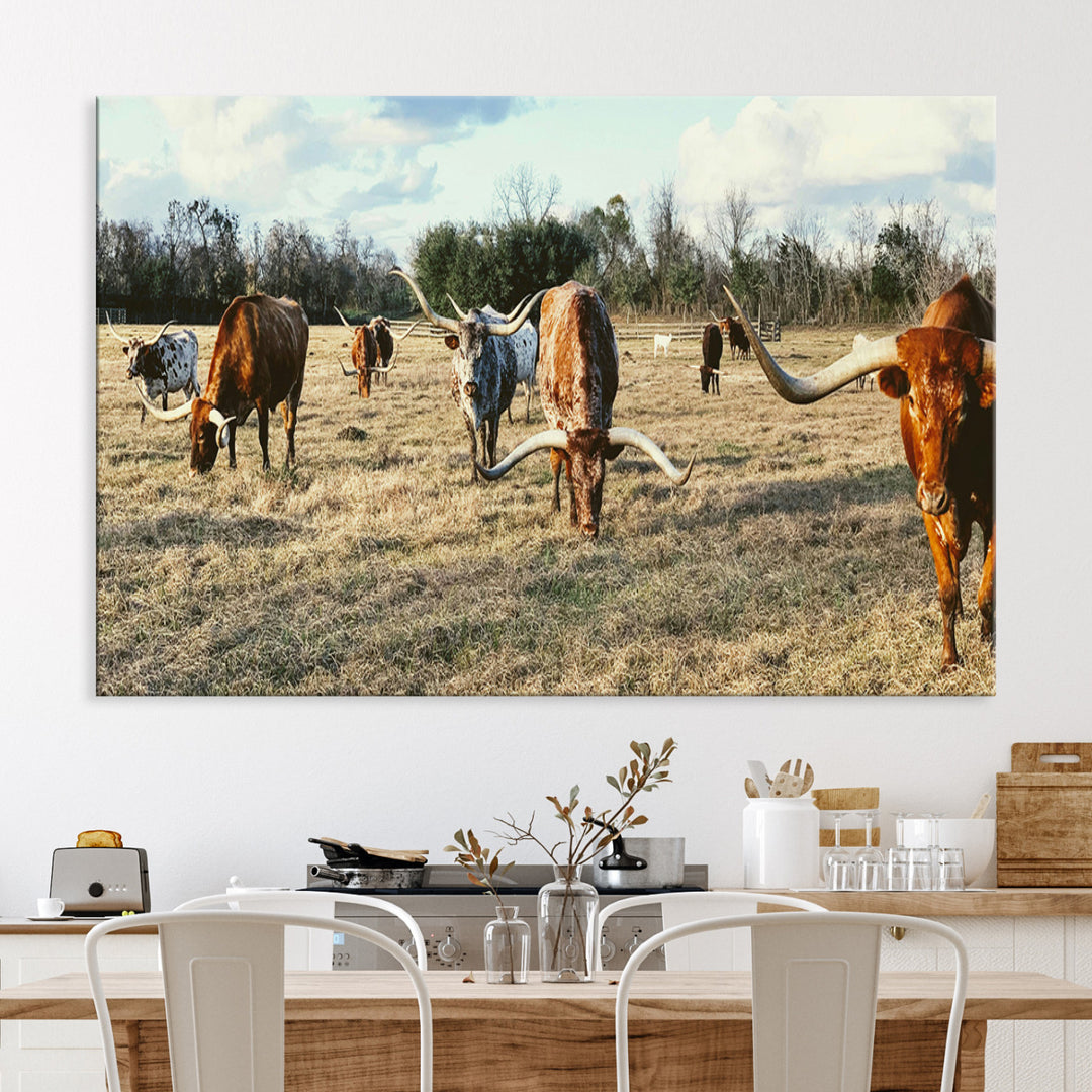 Texas Longhorns Wall Art Canvas Print, Framed Rustic Farm Scene Art Picture Print, Western Cattle Print Canvas Perfect Rustic Farmhouse
